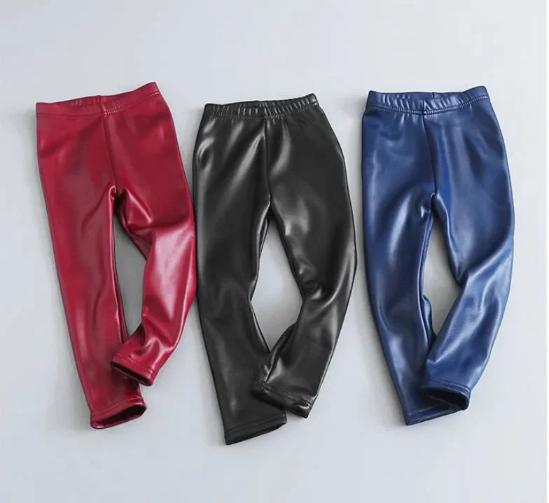 Leggings en cuir PU pour enfants, pantalons crayon décontractés, monochromes, chauds, FJGirl, mignons, tout-petits, enfants, filles, automne, hiver