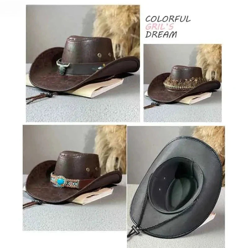 Chapeau de cowboy occidental rétro de haute qualité avec décoration tête de vache, chapeau de jazz en faux cuir pour homme, chapeau Panama, chapeau de cowgirl