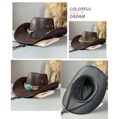 Chapeau de cowboy occidental rétro de haute qualité avec décoration tête de vache, chapeau de jazz en faux cuir pour homme, chapeau Panama, chapeau de cowgirl