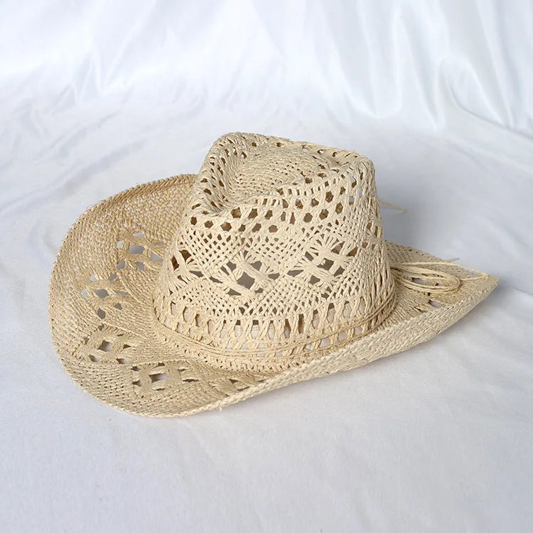 Chapeau de paille de cowboy vert matcha, tissé à la main, creux, pour hommes et femmes, chapeau de soleil d'été, chapeau de paille de cowboy occidental