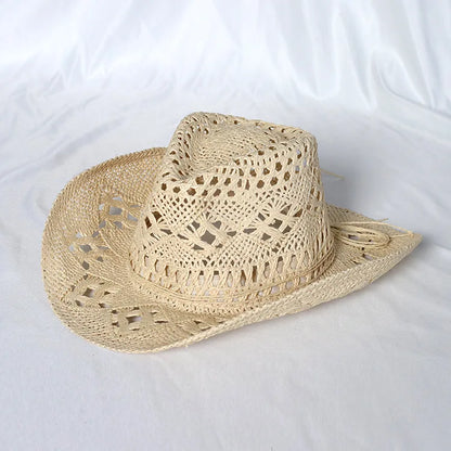 Chapeau de paille de cowboy vert matcha, tissé à la main, creux, pour hommes et femmes, chapeau de soleil d'été, chapeau de paille de cowboy occidental