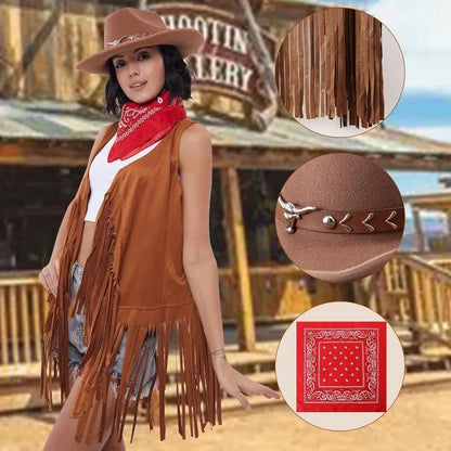 Women's Cowgirl Costume 3 Pcs Faux Suede Fringe Vest with Rivets Cowboy Hat Carnival Party Outfit Clubwear