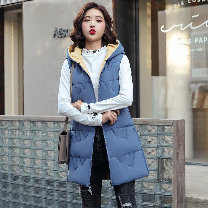 Double Side Vest Korean Slim Hooded Down Cotton Vest Women Waistcoat Sleeveless Jacket 2022 Autumn Winter Jacket Female Coat