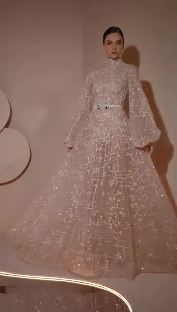 FATAPAESE Customized GlitterNude Bridesmaid Dress Puff Sleeve Fully Beaded Sequins Stones A-line Gown Wedding Engagement Dress