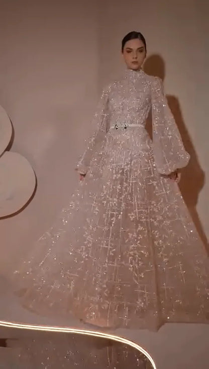 FATAPAESE Customized GlitterNude Bridesmaid Dress Puff Sleeve Fully Beaded Sequins Stones A-line Gown Wedding Engagement Dress