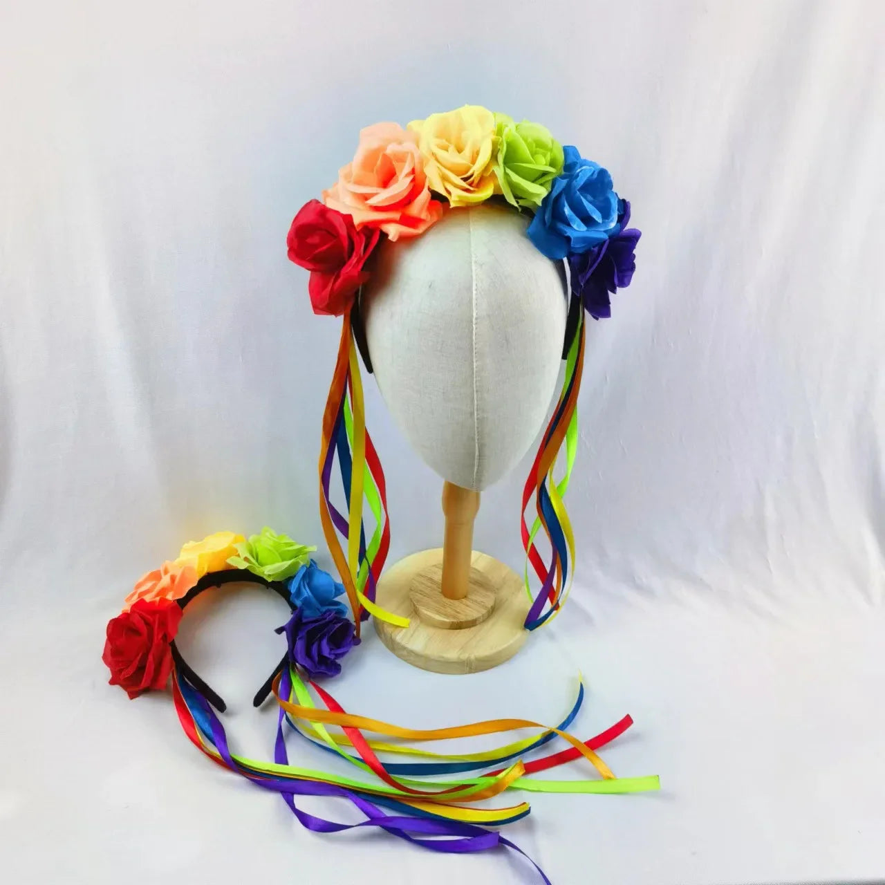Simulation Rose Headband with Rainbow Ribbon Carnival Hair Accessories Festival Decorative Hairband Party Supplies Cosplay Props