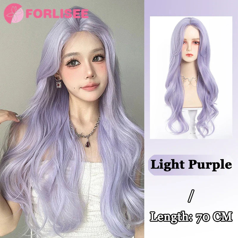 Pink Blonde Highlights Long Wavy Wig Synthetic Colorful Lolita Cosplay Hair Wigs with Bangs for Women Heat Resistant Daily Use