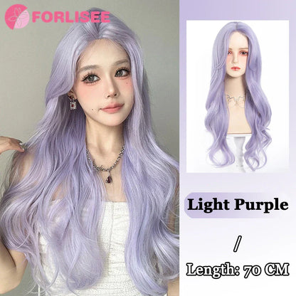 Pink Blonde Highlights Long Wavy Wig Synthetic Colorful Lolita Cosplay Hair Wigs with Bangs for Women Heat Resistant Daily Use