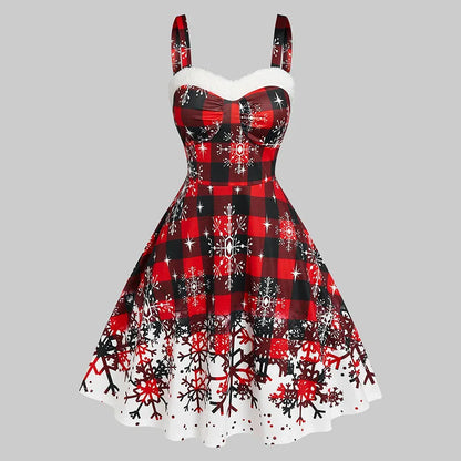Women's Plaid Christmas Party Dress, Snowflake Print, Fiber Dress, Sweetheart Neck, Christmas Dresses, New, Educational, 2024