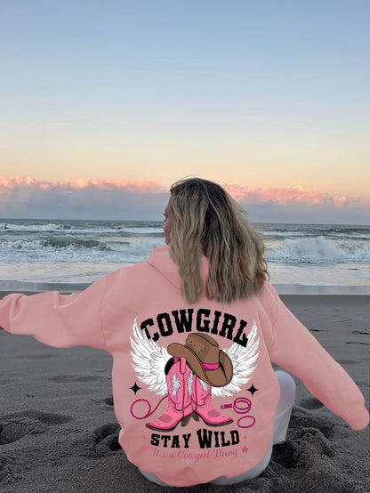 Sweat à capuche western chic pour femme – Pull doux et extensible à manches longues avec capuche brodée d'un chapeau et de bottes de cowboy