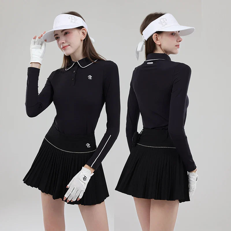 Vêtements de golf pour femme - T-shirt de golf à manches longues pour femme - Hauts de golf à col polo - Jupe plissée taille haute - Jupe-short de golf avec short intérieur