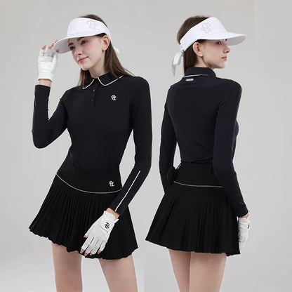 Vêtements de golf pour femme - T-shirt de golf à manches longues pour femme - Hauts de golf à col polo - Jupe plissée taille haute - Jupe-short de golf avec short intérieur