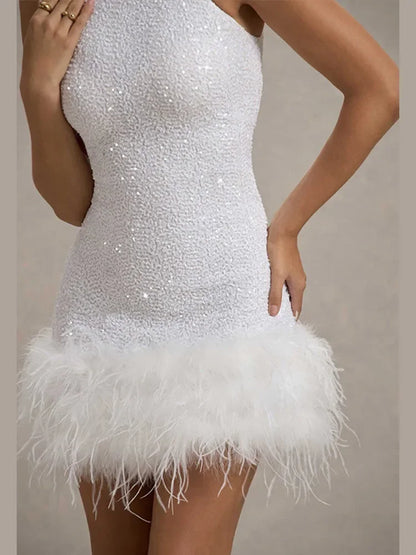 Robe élégante en Patchwork de plumes et de paillettes, col licou, sans manches, épaules dénudées, taille cintrée, Slim, Robe de soirée pour dames