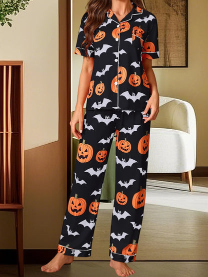Women Halloween Pajama Set, Pumpkin Bat Print Short Sleeve Button Closure Shirt with Pants Sleepwear Loungewear