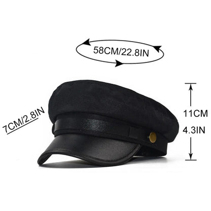 PU Leather Unisex Cycling Caps, Women Men Autumn Sailor Hat Black, Travel Student Hat, Flat Top Captain Hat