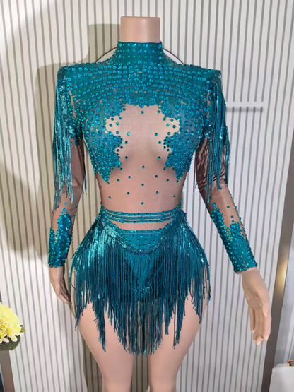 Body élastique à paillettes dorées et argentées avec pompons pour danse latine, tenue de scène, discothèque, DJ, chanteur, Q025Body élastique à paillettes dorées et argentées avec pompons pour danse latine, tenue de scène, discothèque, DJ, chanteur, Q025