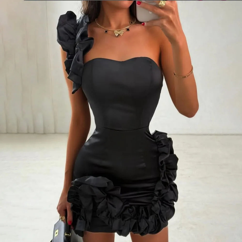 Customized High Quality Sleeveless One Shoulder Sweetheart Above Knee Black Wrinkle Zipper Robe De Soiree Cocktail Dresses فستان