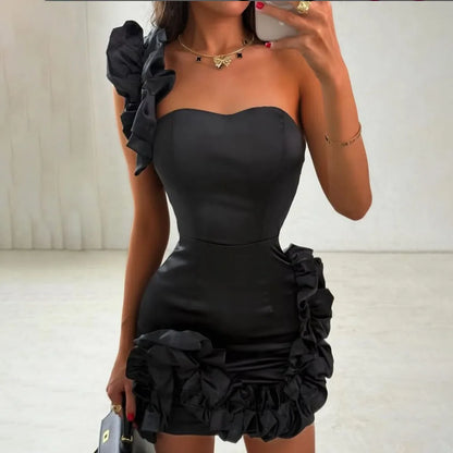 Customized High Quality Sleeveless One Shoulder Sweetheart Above Knee Black Wrinkle Zipper Robe De Soiree Cocktail Dresses فستان