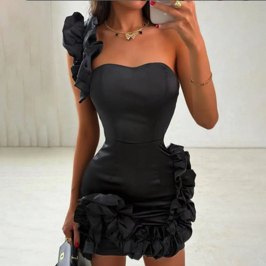 Customized High Quality Sleeveless One Shoulder Sweetheart Above Knee Black Wrinkle Zipper Robe De Soiree Cocktail Dresses فستان