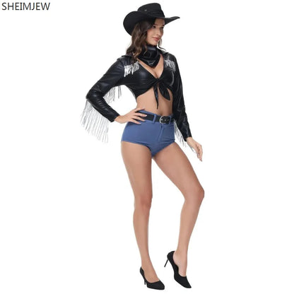 Costume de Cosplay de Cowboy occidental Disco, chanteur Sexy, pompon d'halloween, col en V profond, chemise en cuir à manches longues, pantalon court, Costume Hottie