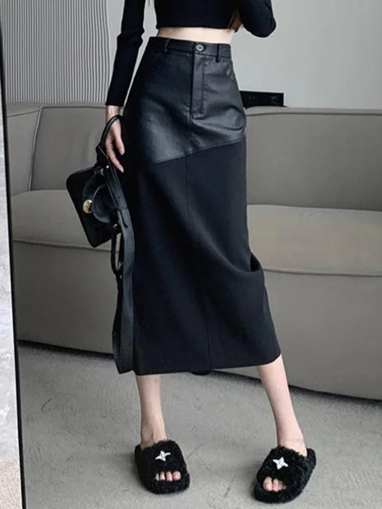 Lautaro Spring Autumn Black Long Midi Patchwork Pu Leather Pencil Skirt Women with Back Slit High Waist Luxury Designer Clothes