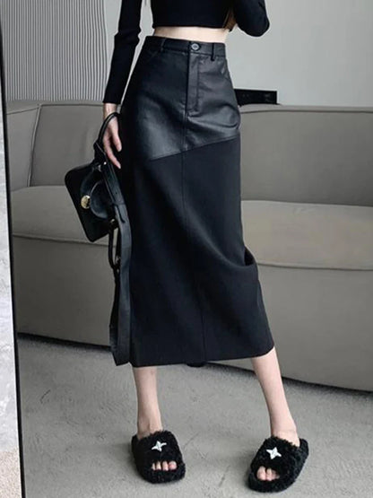 Lautaro Spring Autumn Black Long Midi Patchwork Pu Leather Pencil Skirt Women with Back Slit High Waist Luxury Designer Clothes