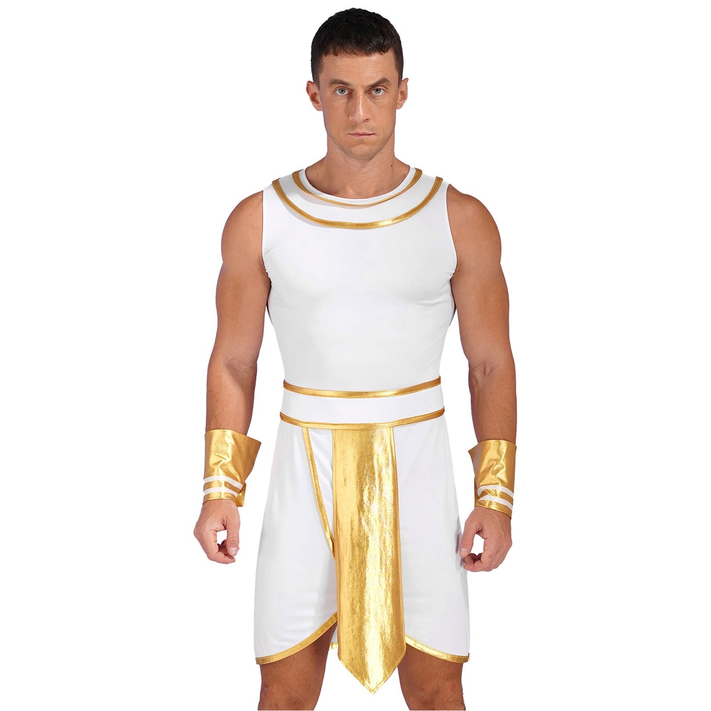 Mens Ancient Egypt Costume Adults Halloween Masquerade Cosplay Carnival Party Dress Sleeveless Themed Roleplay Dress with Cuffs