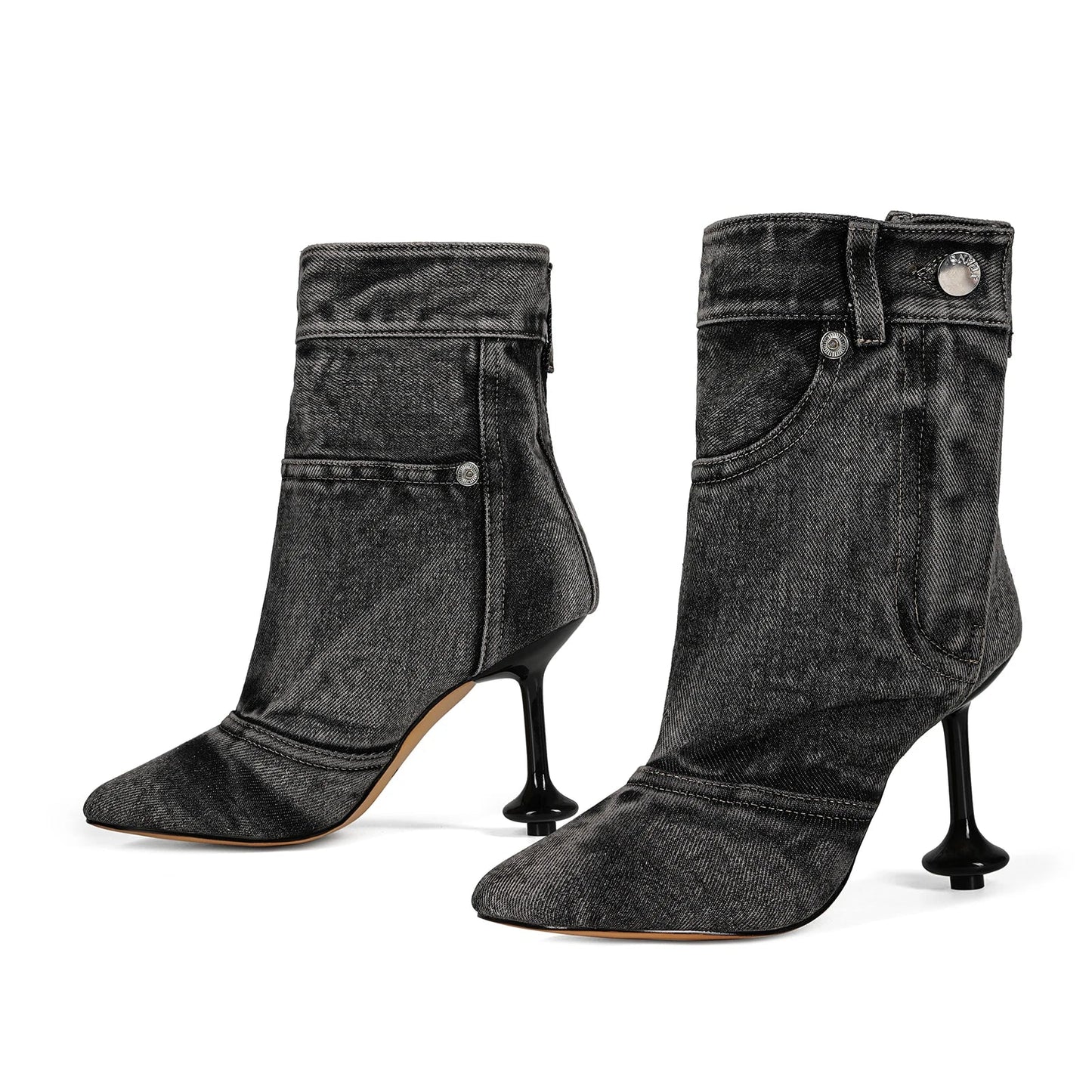 European and American Alien and Square Head Splicing Design Water Washed Cowboy Boots for Women's Trendy Side Zipper Short Boots