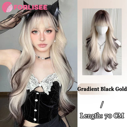Pink Blonde Highlights Long Wavy Wig Synthetic Colorful Lolita Cosplay Hair Wigs with Bangs for Women Heat Resistant Daily Use