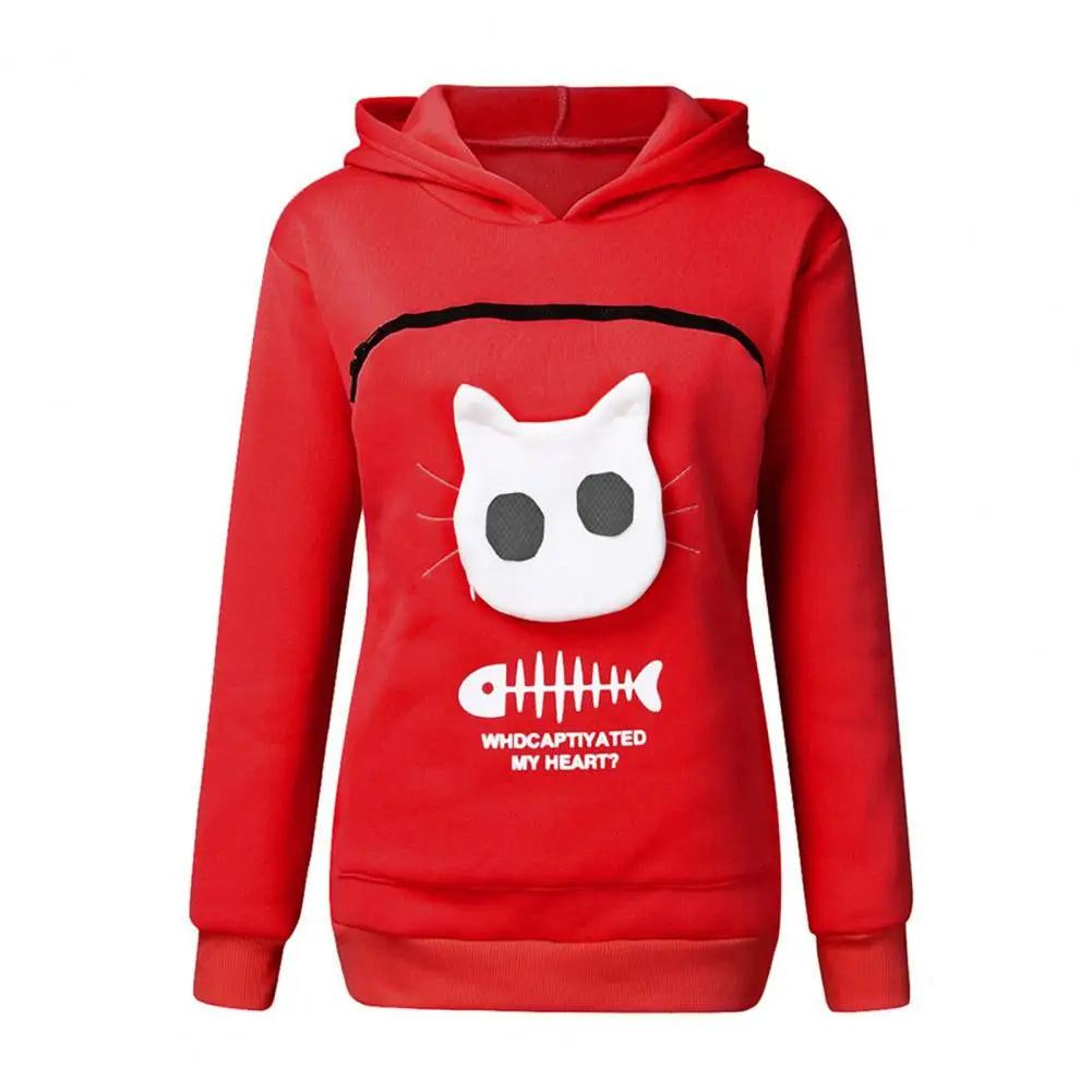 Super Big Pocket Women Sweatshirt Can Put In A Cat Kangaroo Pouch Women Hoodie Fish Bone Print Hoodie Pets Holder Sweatshirt