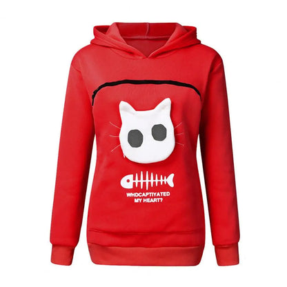 Super Big Pocket Women Sweatshirt Can Put In A Cat Kangaroo Pouch Women Hoodie Fish Bone Print Hoodie Pets Holder Sweatshirt