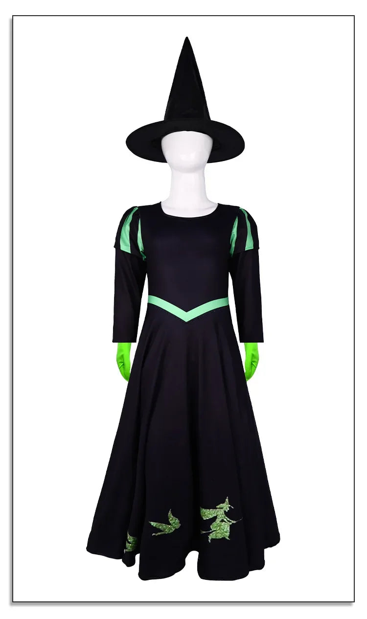 Wicked Musical Elphaba Cosplay Costume with Hat Black Victorian Skirt Dress Stage Performance Halloween Party Theme Clothing # 1