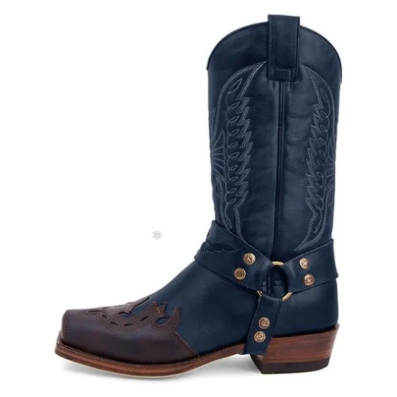 2025 Luxury Foreign Trade New Men's Square Head European and American Embroidery Men's Leather Knight Boots Low Heel Men's Shoes