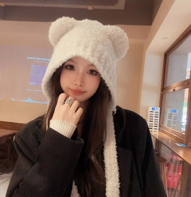 Chapeau en laine avec oreilles d'ours pour femme, bonnet de protection des oreilles à lacets, bonnets de bombardier pour l'extérieur, chaud, mode, cadeau de nouvel an, automne, hiver