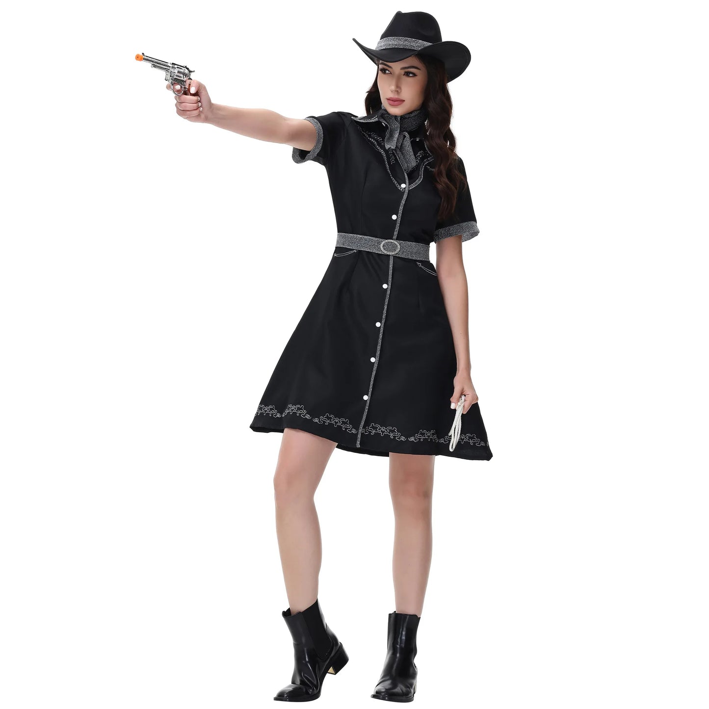 Costume de Cosplay de Cowgirl d'halloween pour femmes adultes, ensemble de robe fantaisie de fête de carnaval, Costume occidental noir pour spectacle sur scène
