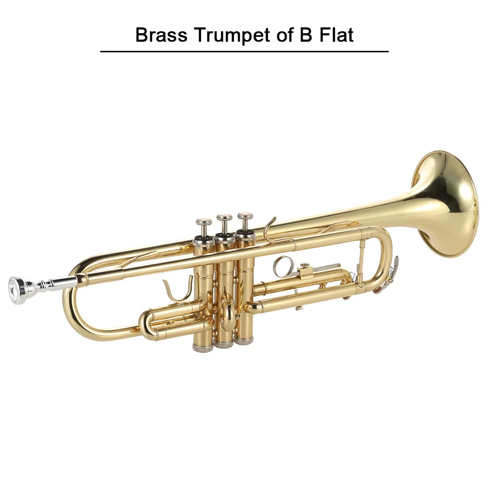 Trompette Bb B plat en laiton peint en or, Instrument de musique exquis et Durable avec Valve d'embout, gants à huile, étui à sangle, trompette Bb