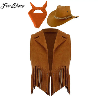 Girls Western Cowboy Cowgirl Cosplay Costume Open Front Retro Suede Tassels Vest with Bandana Scarf Hat for Halloween Carnival