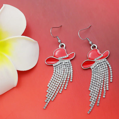 Boucles d'oreilles pendantes de cowgirl de l'Ouest, Chapeau en émail, Pendentif à pompon strass scintillant, Bijoux pour femmes pour bal, concerts country, rodéo, cow-boy