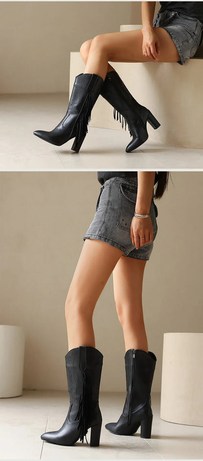 Botas De Mujer bottes De Cowboy occidentales brodées femmes mode pointu gland côté fermeture éclair genou bottes hautes chaussures gothiques 8508