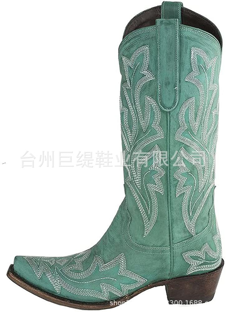 Embroidery Cowboy Boots For Women Knee High Med Calf Vintage Western Cowgirl Boots Women Heeled Casual Shoes Autumn Block Heel