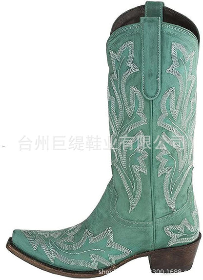 Embroidery Cowboy Boots For Women Knee High Med Calf Vintage Western Cowgirl Boots Women Heeled Casual Shoes Autumn Block Heel