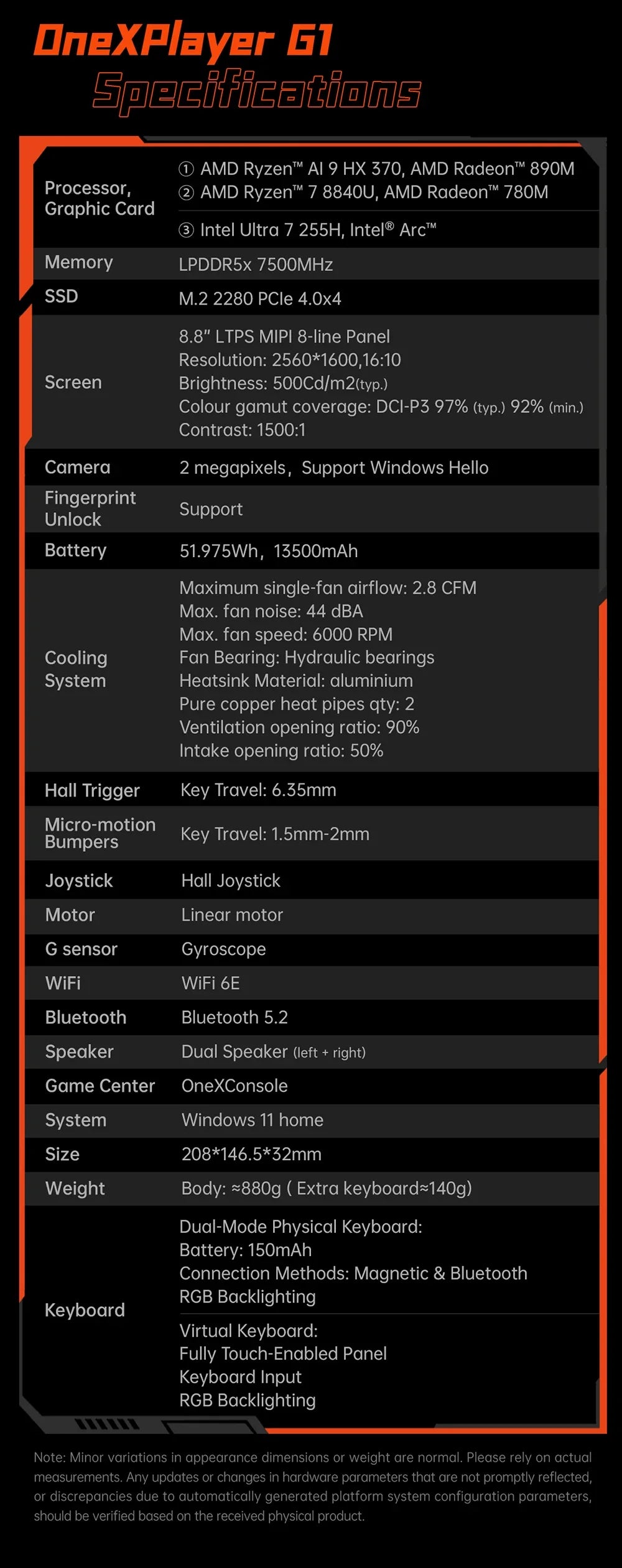 OneXPlayer G1 Gaming Laptop AMD Ryzen AI 9 HX 370 & Intel Core Ultra 7 255H Portable 8.8 Inch 144Hz Dual-Mode Keyboard Computer