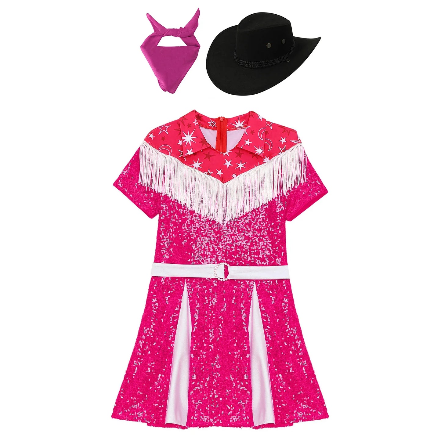 Déguisement de cow-girl pour enfants filles, robe à franges et paillettes avec chapeau de cowboy et bandana, tenue de fête de carnaval d'Halloween