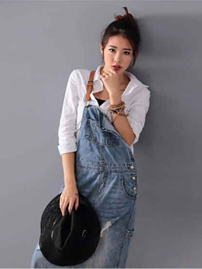 Robe longue en jean décontractée pour femmes, robe en jean délavé avec trous, robe en jean déchiré vintage à bretelles pour femmes