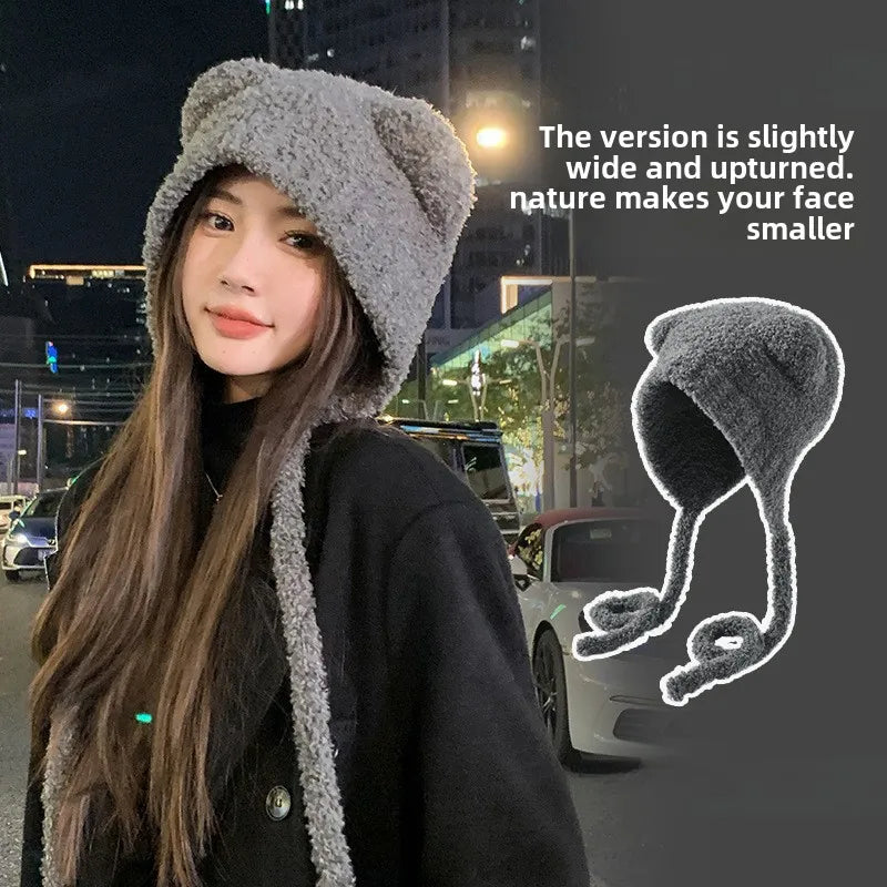 Chapeau en laine avec oreilles d'ours pour femme, bonnet de protection des oreilles à lacets, bonnets de bombardier pour l'extérieur, chaud, mode, cadeau de nouvel an, automne, hiver