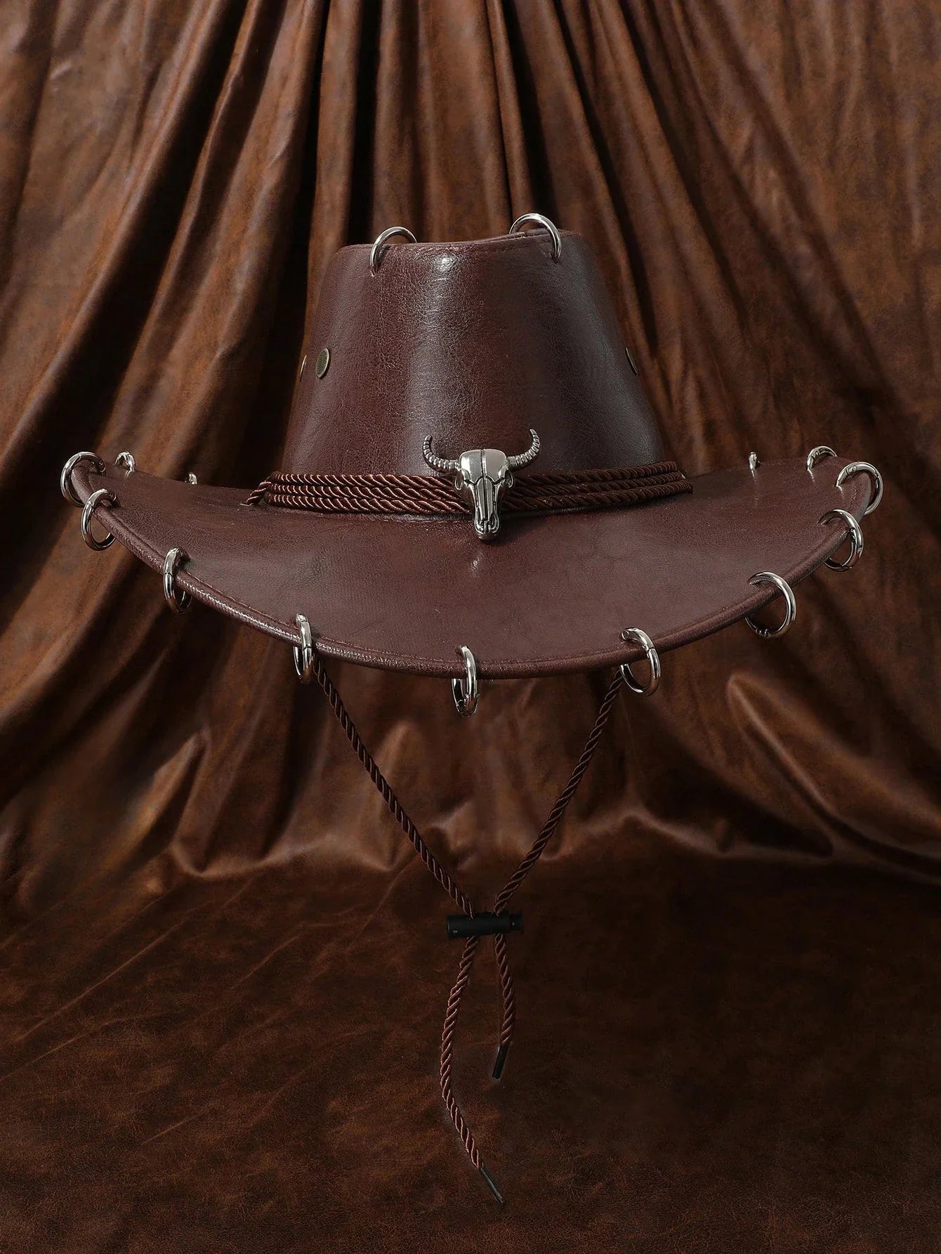 HongLuan – Chapeau de cowboy unisexe en cuir PU noir réglable, style occidental, idéal pour les voyages, avec badge tête de taureau, pour l'extérieur