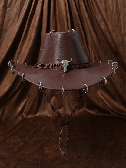 HongLuan – Chapeau de cowboy unisexe en cuir PU noir réglable, style occidental, idéal pour les voyages, avec badge tête de taureau, pour l'extérieur