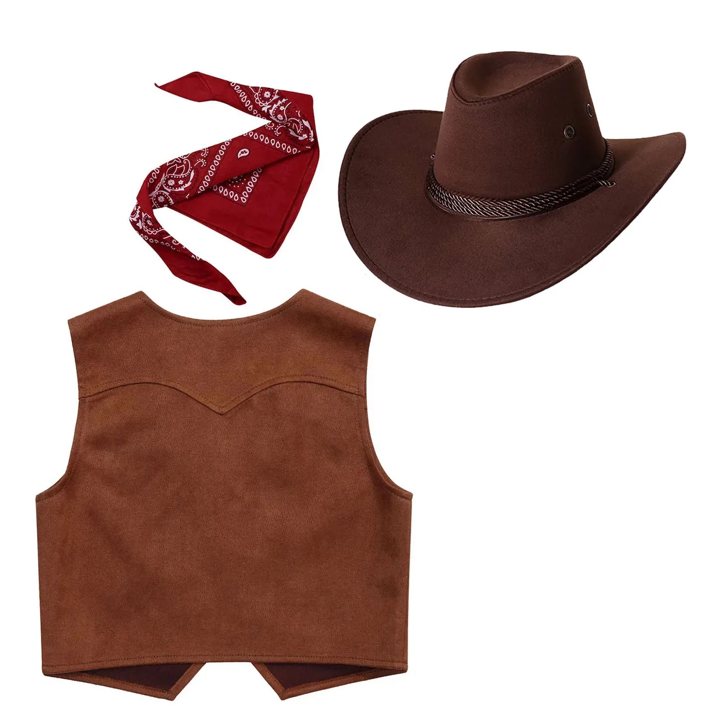 Wild West Cowboy and Cowgirl Costume, Halloween Outfit, Fringe Sleeveless Vest with Bandana and Hat