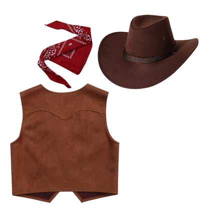 Wild West Cowboy and Cowgirl Costume, Halloween Outfit, Fringe Sleeveless Vest with Bandana and Hat