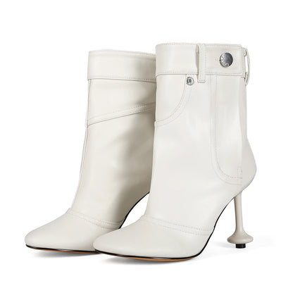 European and American Alien and Square Head Splicing Design Water Washed Cowboy Boots for Women's Trendy Side Zipper Short Boots